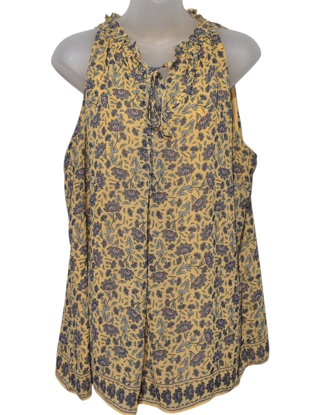 Max Studio XL Yellow Floral Ruffle-Neck Sleeveless Flowy Tank Top